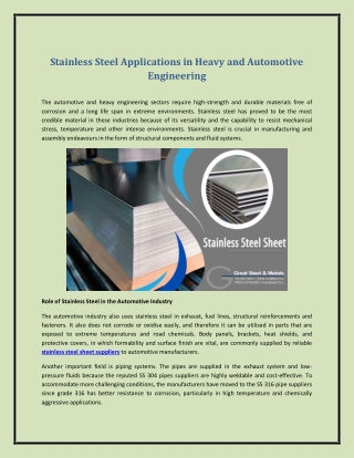 Stainless Steel Applications in Heavy and Automotive Engineering