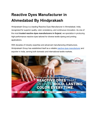 Reactive Dyes Manufacturer in Ahmedabad By Hindprakash