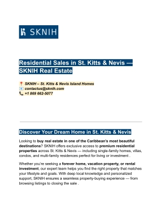 Residential Sales in St. Kitts & Nevis — SKNIH Real Estate