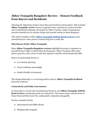 Abhee Tranquila Bangalore Review – Honest Feedback from Buyers and Residents