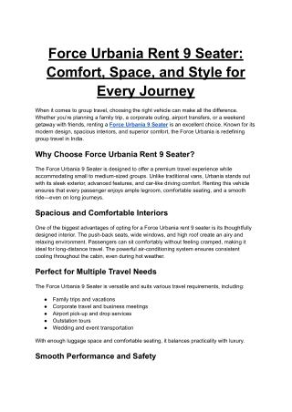 Force Urbania Rent 9 Seater - Comfort, Space, and Style for Every Journey