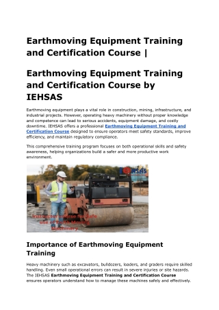 Earthmoving Equipment Training and Certification Course
