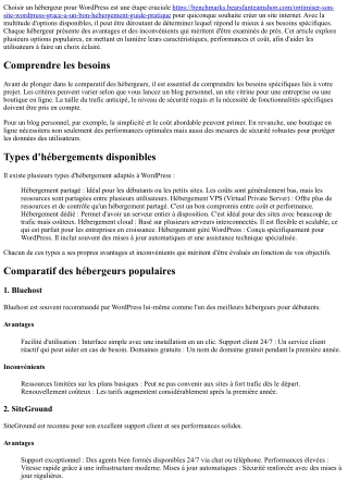 Comparatif des Hébergeurs pour WordPress : Avantages et Inconvénients