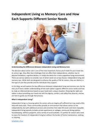 Independent Living vs Memory Care and How Each Supports Different Senior Needs