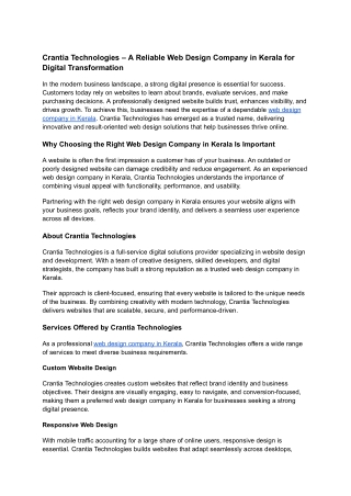 Crantia Technologies – A Reliable Web Design Company in Kerala for Digital Transformation