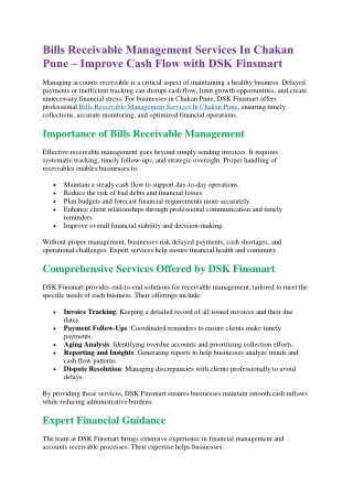 Bills Receivable Management Services In Chakan Pune