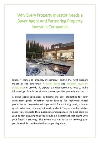 Why Every Property Investor Needs a Buyer Agent and Partnering Property Investors Companies