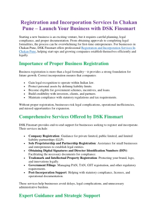 Registration and Incorporation Services In Chakan Pune
