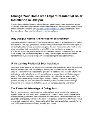 Change Your Home with Expert Residential Solar Installation in Udaipur