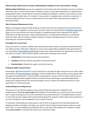 Watches Repair Gold Coast for Investors Maintaining the Integrity of Your Luxury Rolex or Omega.