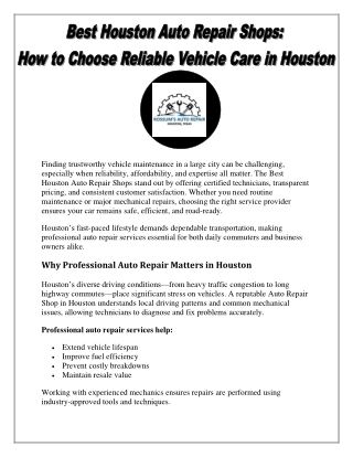 Best Houston Auto Repair Shops How to Choose Reliable Vehicle Care in Houston