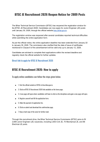 BTSC JE Recruitment 2026 Reopen Notice for 2809 Posts