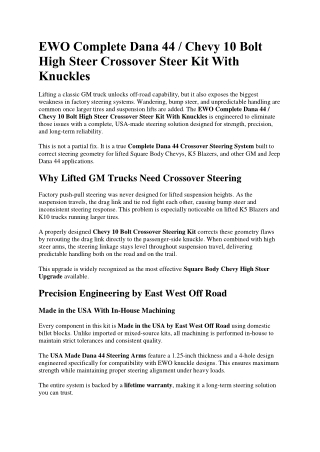 EWO Complete Dana 44  Chevy 10 Bolt High Steer Crossover Steer Kit With Knuckles