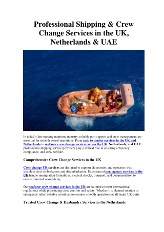 Professional Shipping & Crew Change Services in UK, Netherlands & UAE