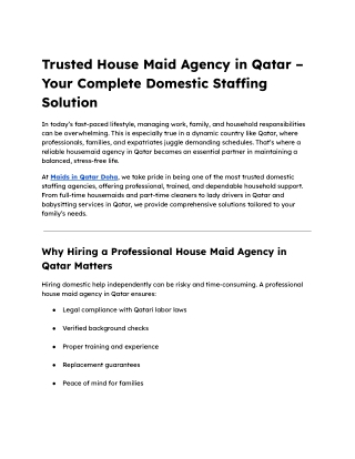 Trusted House Maid Agency in Qatar – Your Complete Domestic Staffing Solution