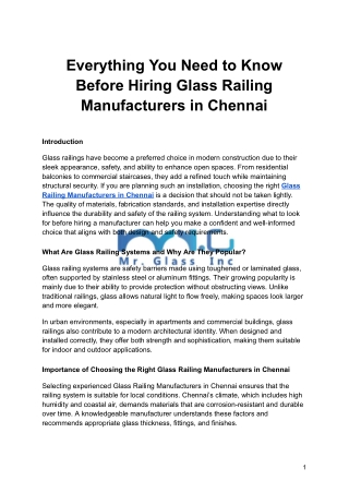 Everything You Need to Know Before Hiring Glass Railing Manufacturers in Chennai