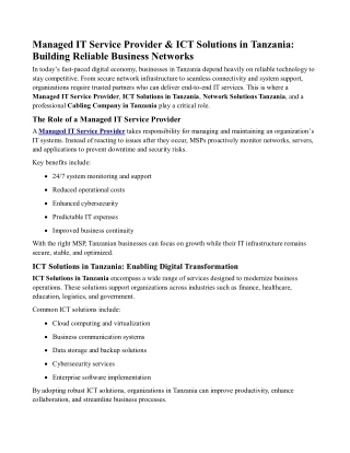 Managed IT Service Provider & ICT Solutions in Tanzania Building Reliable Business Networks