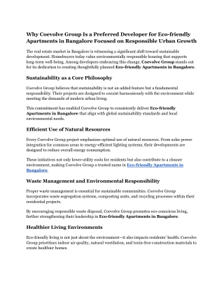 Why Coevolve Group Is a Preferred Developer for Eco-friendly Apartments in Bangalore Focused on Responsible Urban Growth