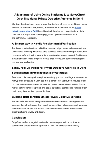 Advantages of Using Online Platforms Like SatyaCheck Over Traditional Private Detective Agencies in Delhi
