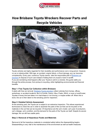 How Brisbane Toyota Wreckers Recover Parts and Recycle Vehicles