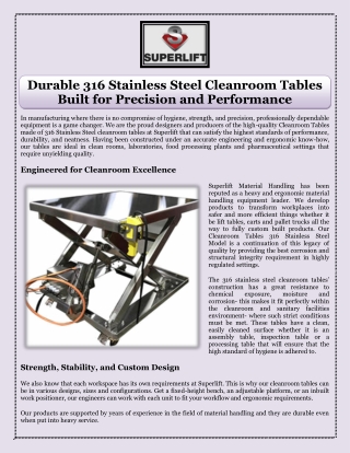 Durable 316 Stainless Steel Cleanroom Tables Built for Precision and Performance