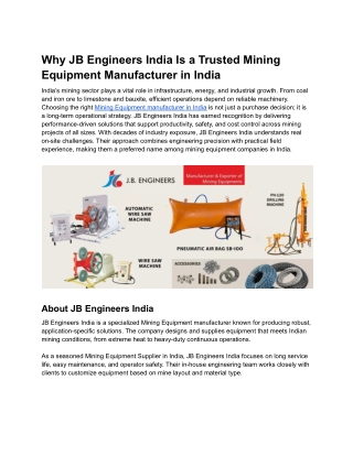 Best Mining Equipment Manufacturer in India - JB Engineers India