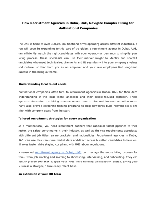 How Recruitment Agencies in Dubai, UAE, Navigate Complex Hiring for Multinational Companies