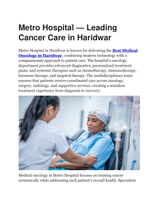 Best Medical Oncology in Haridwar | Metro Hospital