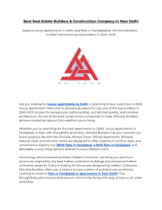 Best Real Estate Builders & Construction Company in New Delhi