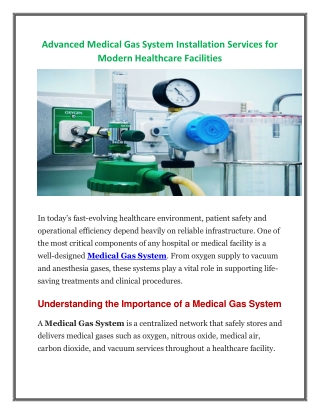 Advanced Medical Gas System Installation Services for Modern Healthcare Facilities