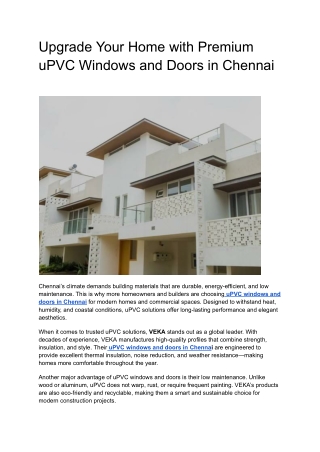 Upgrade Your Home with Premium uPVC Windows and Doors in Chennai