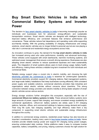 Buy Smart Electric Vehicles in India with Commercial Battery Systems and Inverter Power