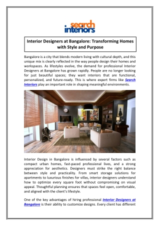 Interior Design in Bangalore for Homes with Modern Aesthetics