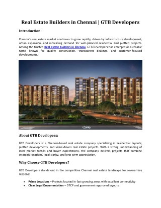 Real Estate Builders in Chennai | GTB Developers