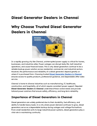 Why Choose Trusted Diesel Generator Dealers in Chennai