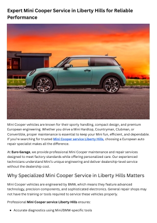 Expert Mini Cooper Service in Liberty Hills for Reliable Performance