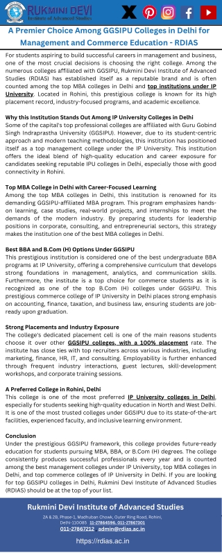 GGSIPU Colleges in Delhi for Management and Commerce Education - RDIAS
