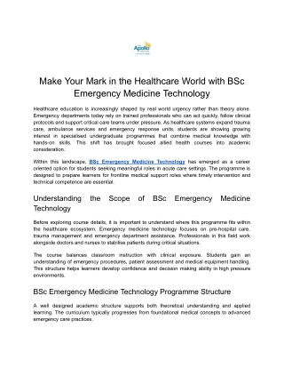 Make Your Mark in the Healthcare World with BSc Emergency Medicine Technology