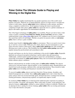 Poker Online The Ultimate Guide to Playing and Winning in the Digital Era