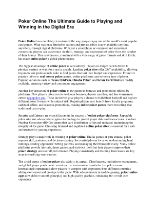 Poker Online The Ultimate Guide to Playing and Winning in the Digital Era