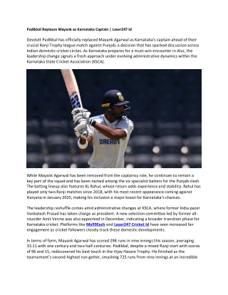 Padikkal Replaces Mayank as Karnataka Captain - Laser247 Id