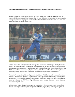 Tilak Varma to Miss New Zealand T20Is