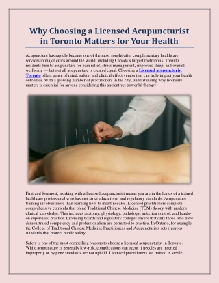 Why Choosing a Licensed Acupuncturist in Toronto Matters for Your Health
