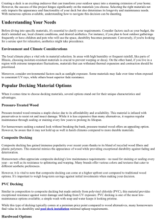 Selecting the Perfect Materials for Deck Installation Projects.