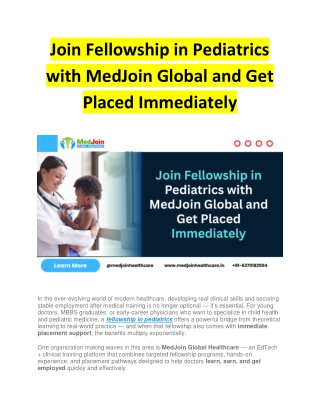 Join Fellowship in Pediatrics with MedJoin Global and Get Placed Immediately