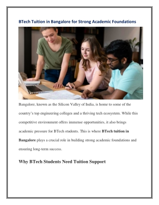 BTech Tuition in Bangalore for Strong Academic Foundations