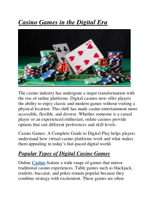 Casino Games in the Digital Era