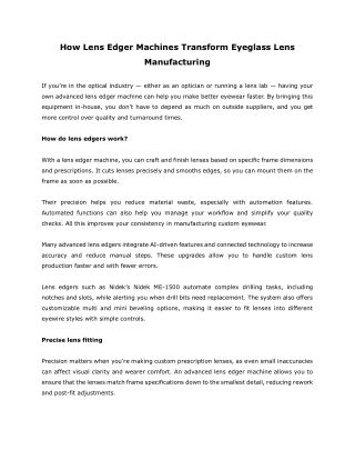 How Lens Edger Machines Transform Eyeglass Lens Manufacturing