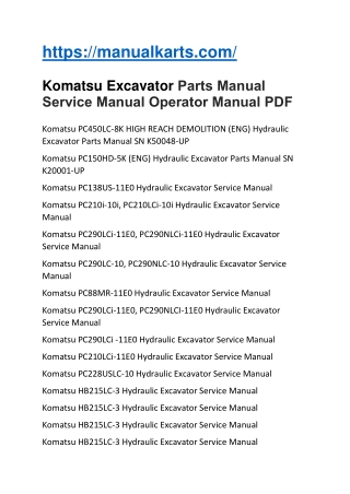 Komatsu Excavator Parts Manual Service Manual Operator Manual PDF