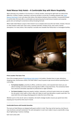 Hotel Mansar Holy Hotels – Simple Comfort, Great Location & Friendly Service